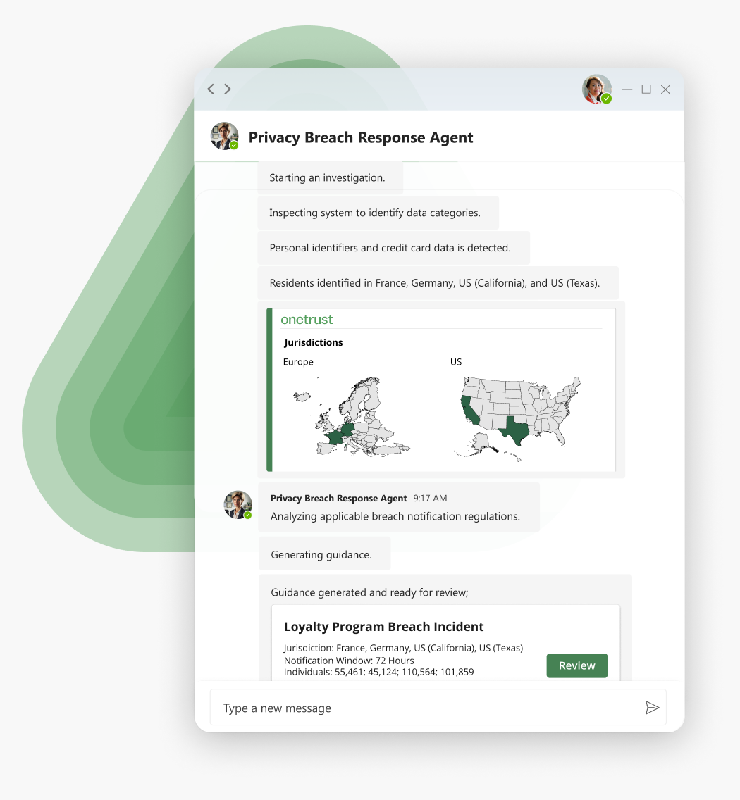 Privacy Breach Response agent chat window with discussion around suggested guidance in response to incident