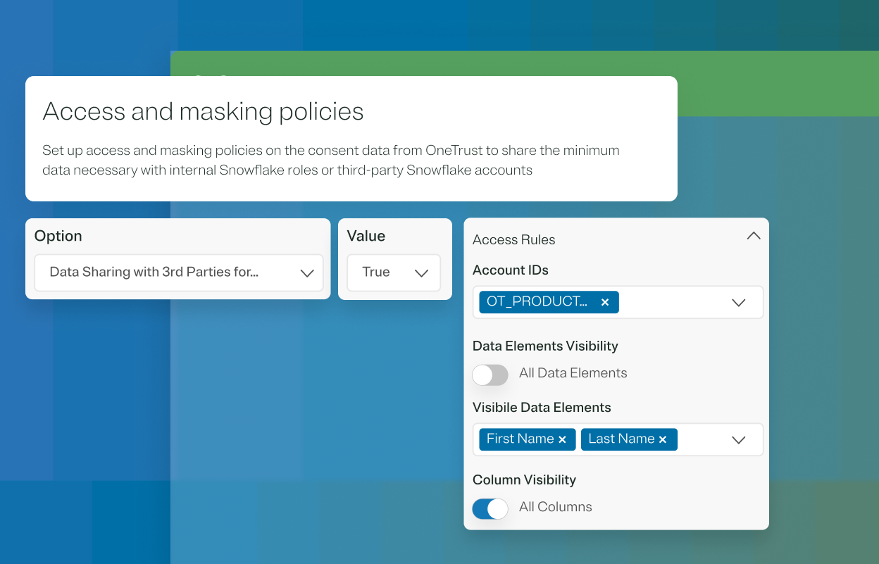 Graphic showing the Access and masking policies feature within the Consent and Preferences area of OneTrust
